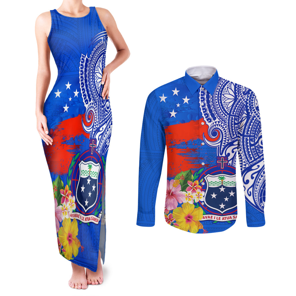 Personalised Samoa Coat Of Arms Couples Matching Tank Maxi Dress and Long Sleeve Button Shirt Hibiscus Polynesian Tattoo Pattern LT03 Blue - Polynesian Pride