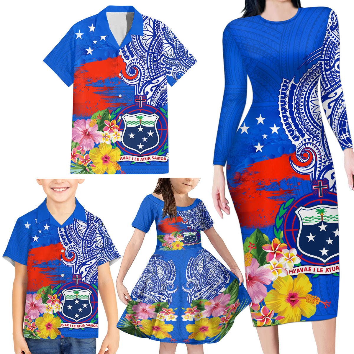 Personalised Samoa Coat Of Arms Family Matching Long Sleeve Bodycon Dress and Hawaiian Shirt Hibiscus Polynesian Tattoo Pattern LT03 - Polynesian Pride