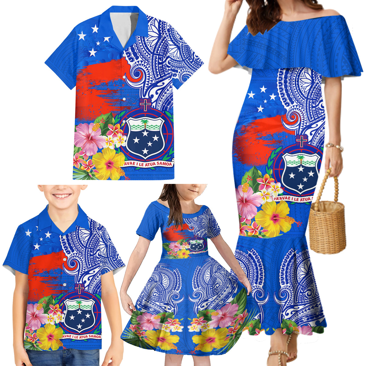 Personalised Samoa Coat Of Arms Family Matching Mermaid Dress and Hawaiian Shirt Hibiscus Polynesian Tattoo Pattern LT03 - Polynesian Pride