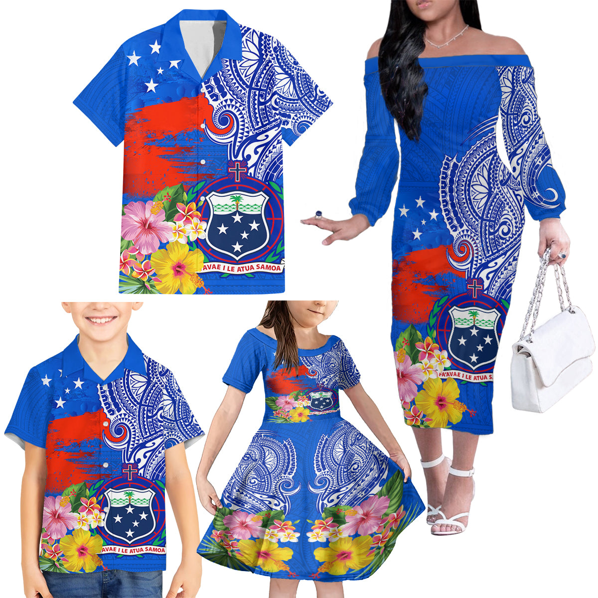 Personalised Samoa Coat Of Arms Family Matching Off Shoulder Long Sleeve Dress and Hawaiian Shirt Hibiscus Polynesian Tattoo Pattern LT03 - Polynesian Pride