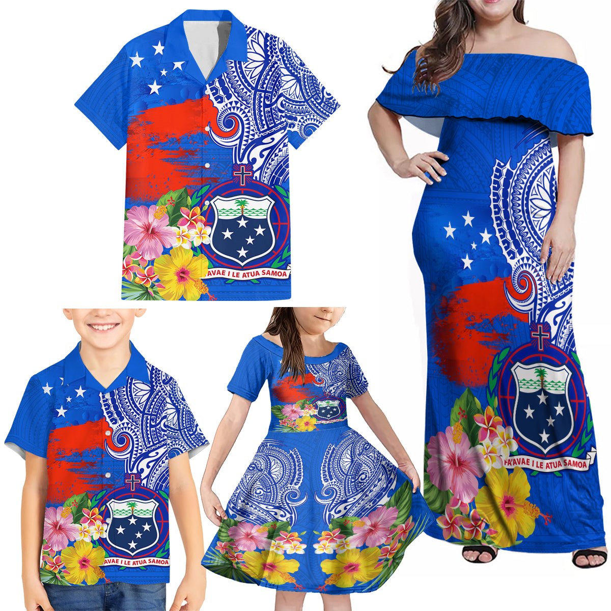 Personalised Samoa Coat Of Arms Family Matching Off Shoulder Maxi Dress and Hawaiian Shirt Hibiscus Polynesian Tattoo Pattern LT03 - Polynesian Pride