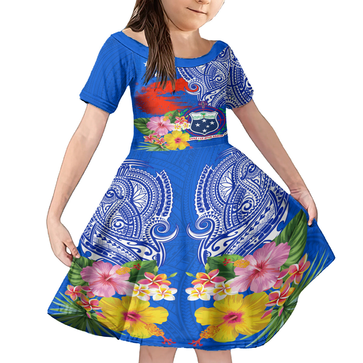 Personalised Samoa Coat Of Arms Family Matching Off Shoulder Short Dress and Hawaiian Shirt Hibiscus Polynesian Tattoo Pattern LT03 Daughter's Dress Blue - Polynesian Pride