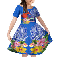 Personalised Samoa Coat Of Arms Family Matching Off Shoulder Short Dress and Hawaiian Shirt Hibiscus Polynesian Tattoo Pattern LT03 Daughter's Dress Blue - Polynesian Pride