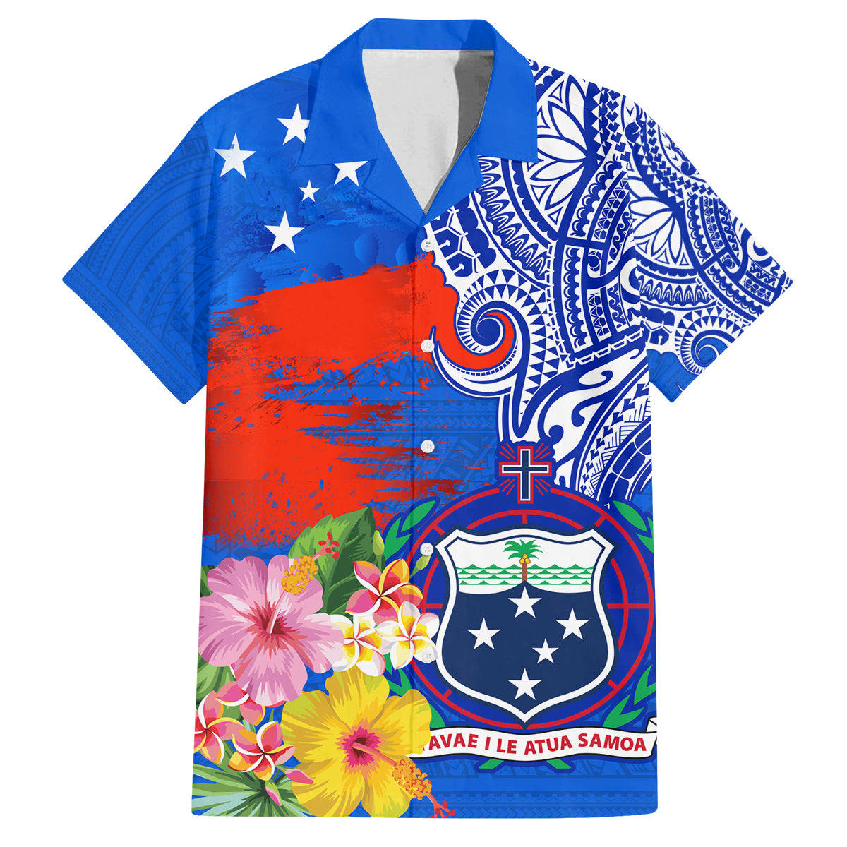 Personalised Samoa Coat Of Arms Family Matching Off Shoulder Short Dress and Hawaiian Shirt Hibiscus Polynesian Tattoo Pattern LT03 Dad's Shirt - Short Sleeve Blue - Polynesian Pride