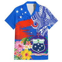 Personalised Samoa Coat Of Arms Family Matching Puletasi Dress and Hawaiian Shirt Hibiscus Polynesian Tattoo Pattern LT03 Dad's Shirt - Short Sleeve Blue - Polynesian Pride