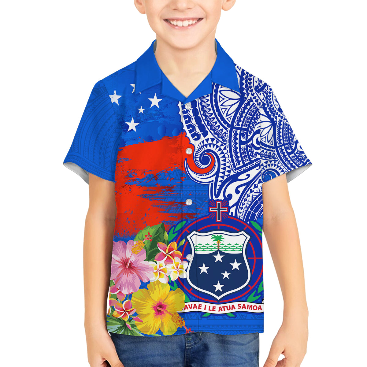 Personalised Samoa Coat Of Arms Family Matching Puletasi Dress and Hawaiian Shirt Hibiscus Polynesian Tattoo Pattern LT03 Son's Shirt Blue - Polynesian Pride