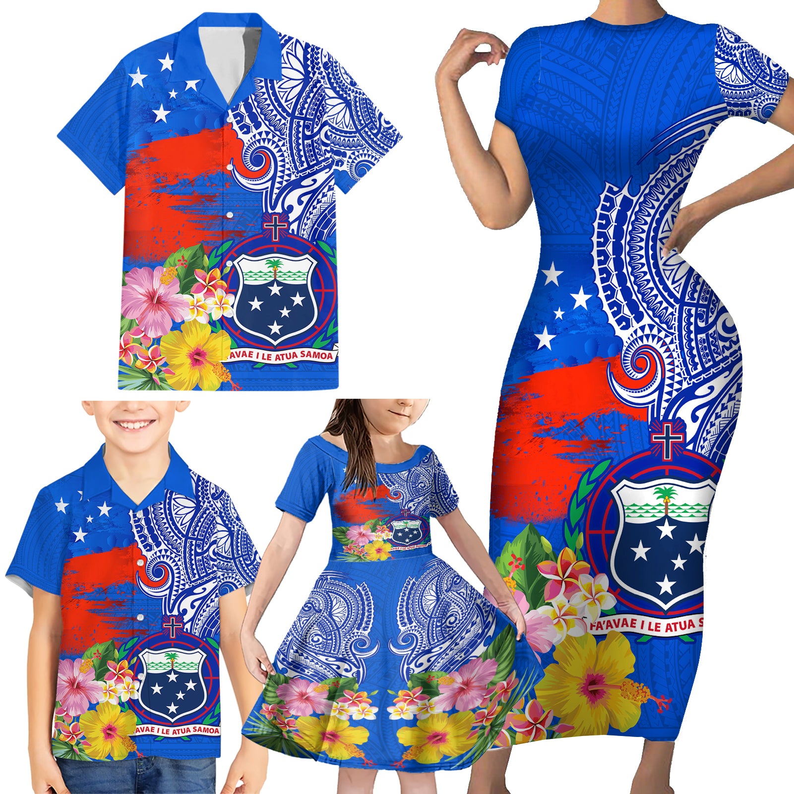 Personalised Samoa Coat Of Arms Family Matching Short Sleeve Bodycon Dress and Hawaiian Shirt Hibiscus Polynesian Tattoo Pattern LT03 - Polynesian Pride