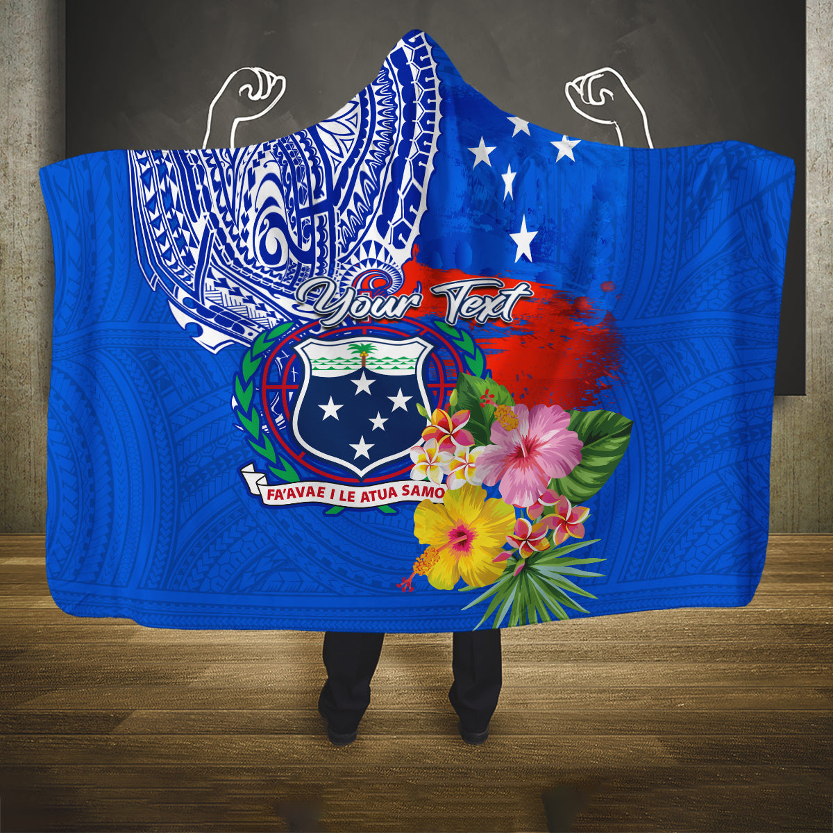 Personalised Samoa Coat Of Arms Hooded Blanket Hibiscus Polynesian Tattoo Pattern LT03 One Size Blue - Polynesian Pride