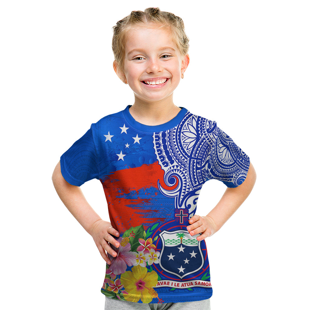 Personalised Samoa Coat Of Arms Kid T Shirt Hibiscus Polynesian Tattoo Pattern LT03 Blue - Polynesian Pride