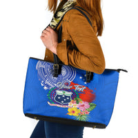 Personalised Samoa Coat Of Arms Leather Tote Bag Hibiscus Polynesian Tattoo Pattern LT03 Blue - Polynesian Pride