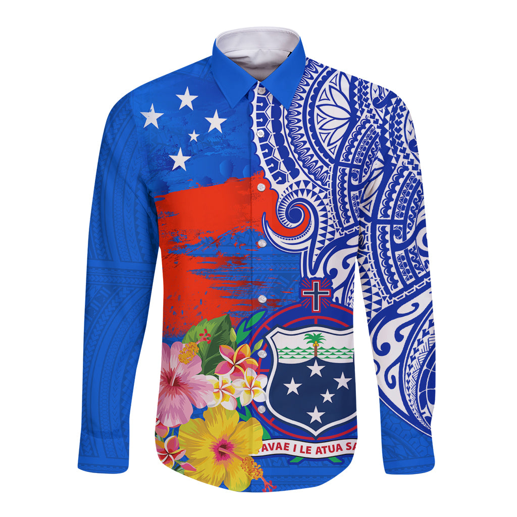 Personalised Samoa Coat Of Arms Long Sleeve Button Shirt Hibiscus Polynesian Tattoo Pattern LT03 Unisex Blue - Polynesian Pride