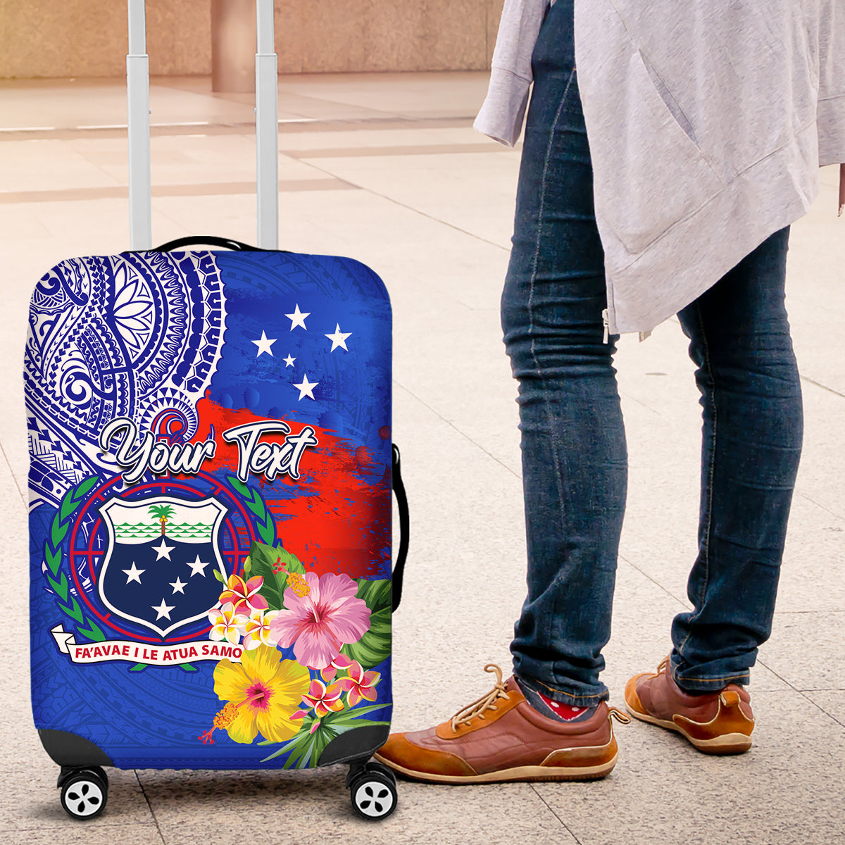 Personalised Samoa Coat Of Arms Luggage Cover Hibiscus Polynesian Tattoo Pattern LT03 Blue - Polynesian Pride
