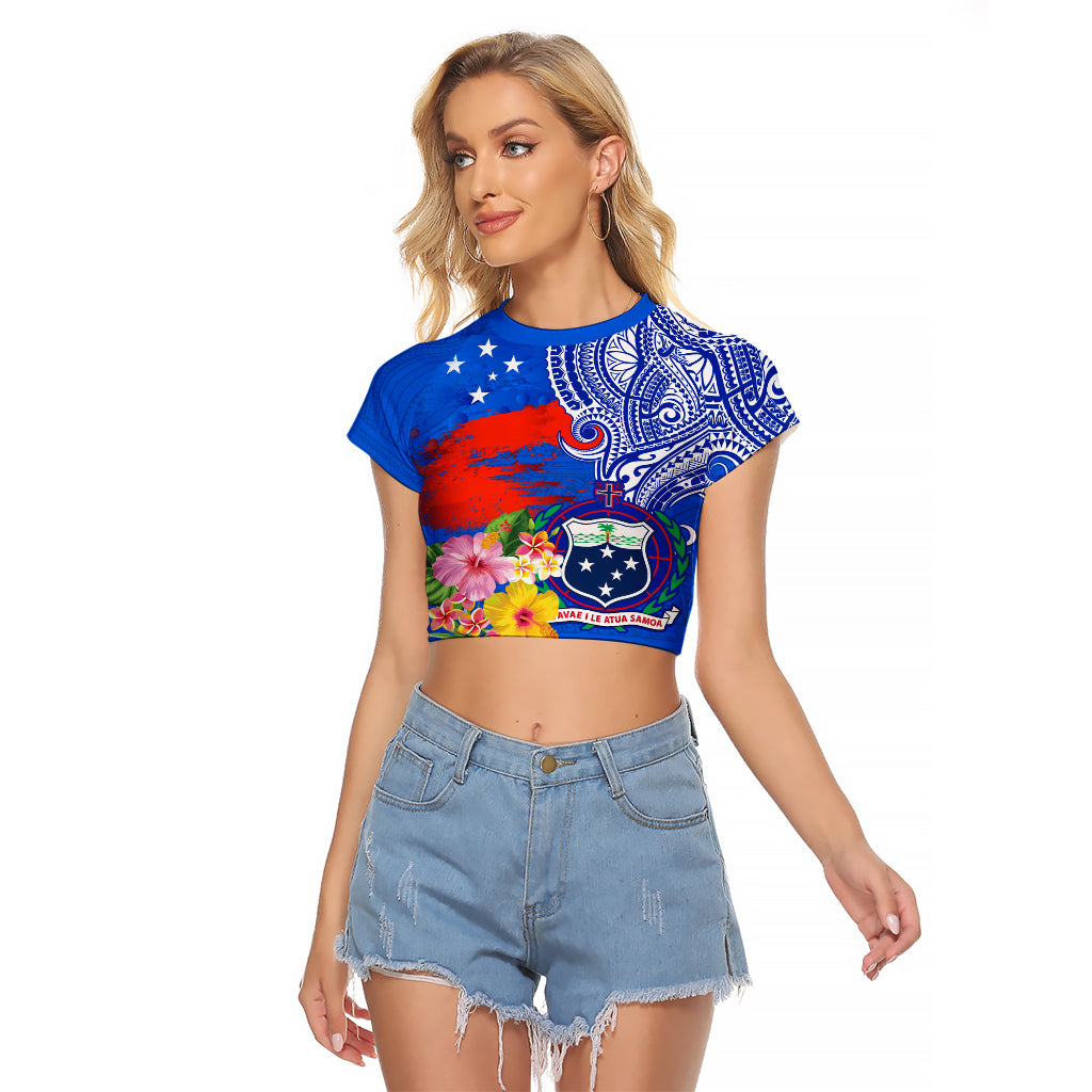 Personalised Samoa Coat Of Arms Raglan Cropped T Shirt Hibiscus Polynesian Tattoo Pattern LT03 Female Blue - Polynesian Pride