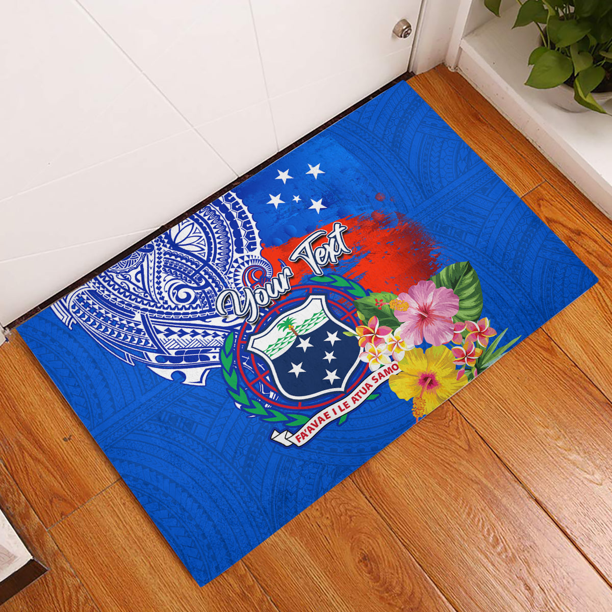 Personalised Samoa Coat Of Arms Rubber Doormat Hibiscus Polynesian Tattoo Pattern LT03 Blue - Polynesian Pride