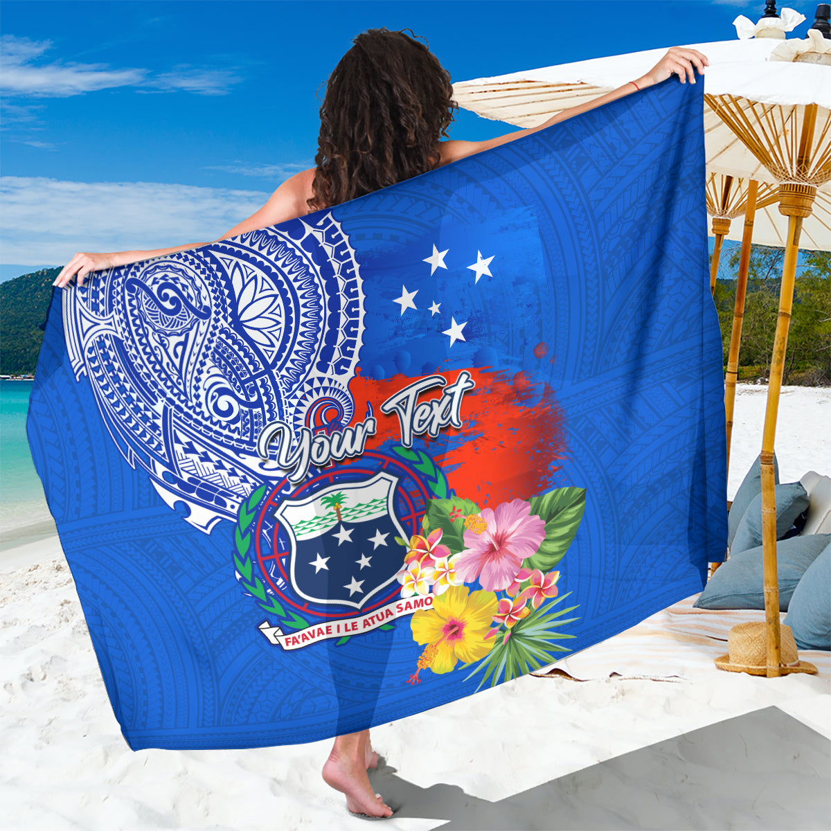 Personalised Samoa Coat Of Arms Sarong Hibiscus Polynesian Tattoo Pattern LT03 One Size 44 x 66 inches Blue - Polynesian Pride