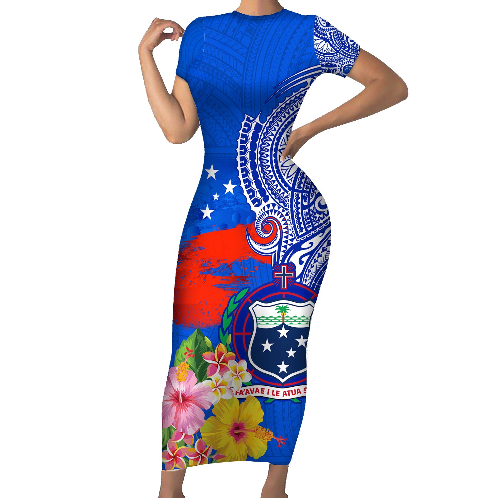 Personalised Samoa Coat Of Arms Short Sleeve Bodycon Dress Hibiscus Polynesian Tattoo Pattern LT03 Long Dress Blue - Polynesian Pride