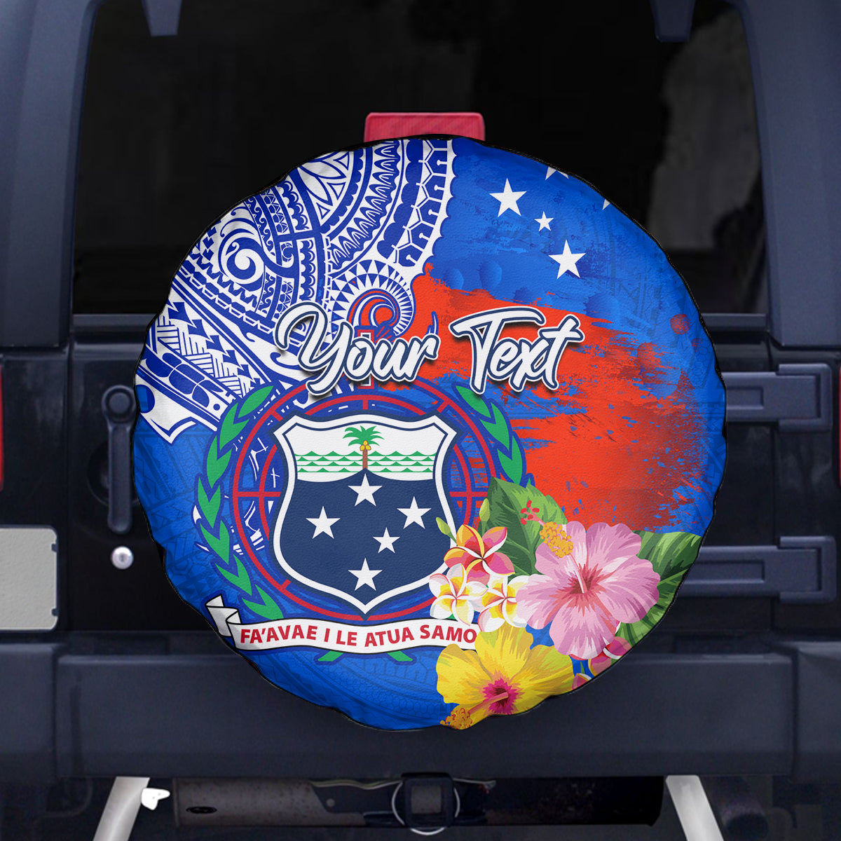 Personalised Samoa Coat Of Arms Spare Tire Cover Hibiscus Polynesian Tattoo Pattern LT03 Blue - Polynesian Pride