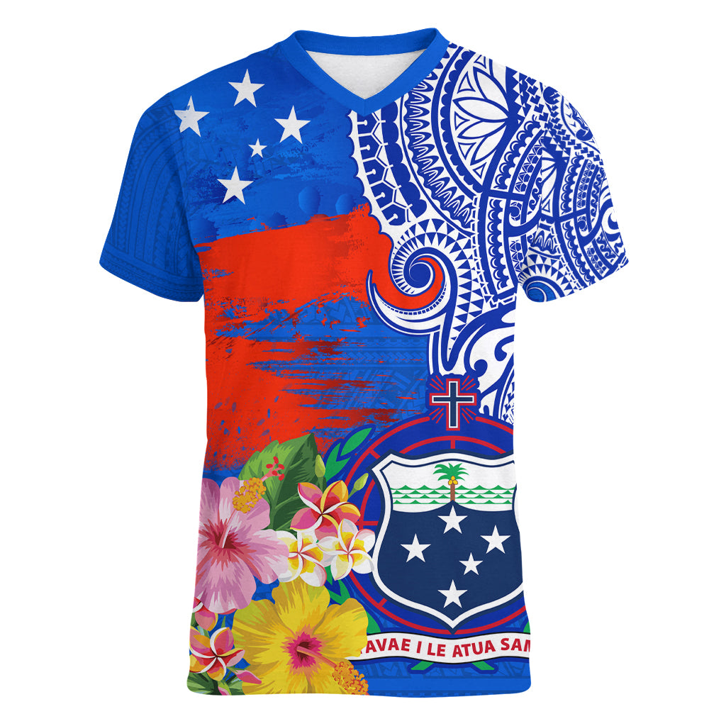 Personalised Samoa Coat Of Arms Women V Neck T Shirt Hibiscus Polynesian Tattoo Pattern LT03 Female Blue - Polynesian Pride