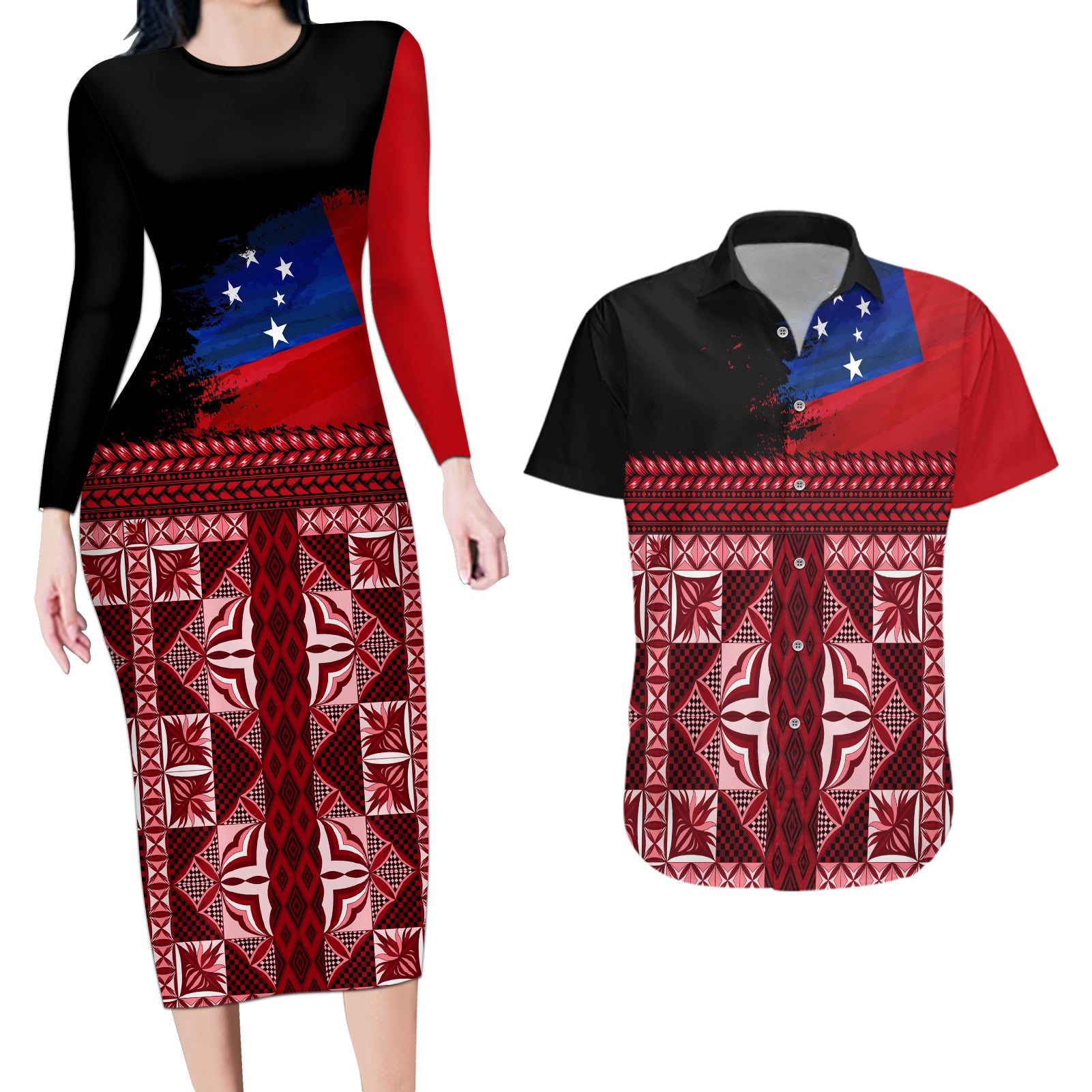 Samoa Flag Day Couples Matching Long Sleeve Bodycon Dress and Hawaiian Shirt Siapo Pattern and Ula Fala LT03 Red - Polynesian Pride