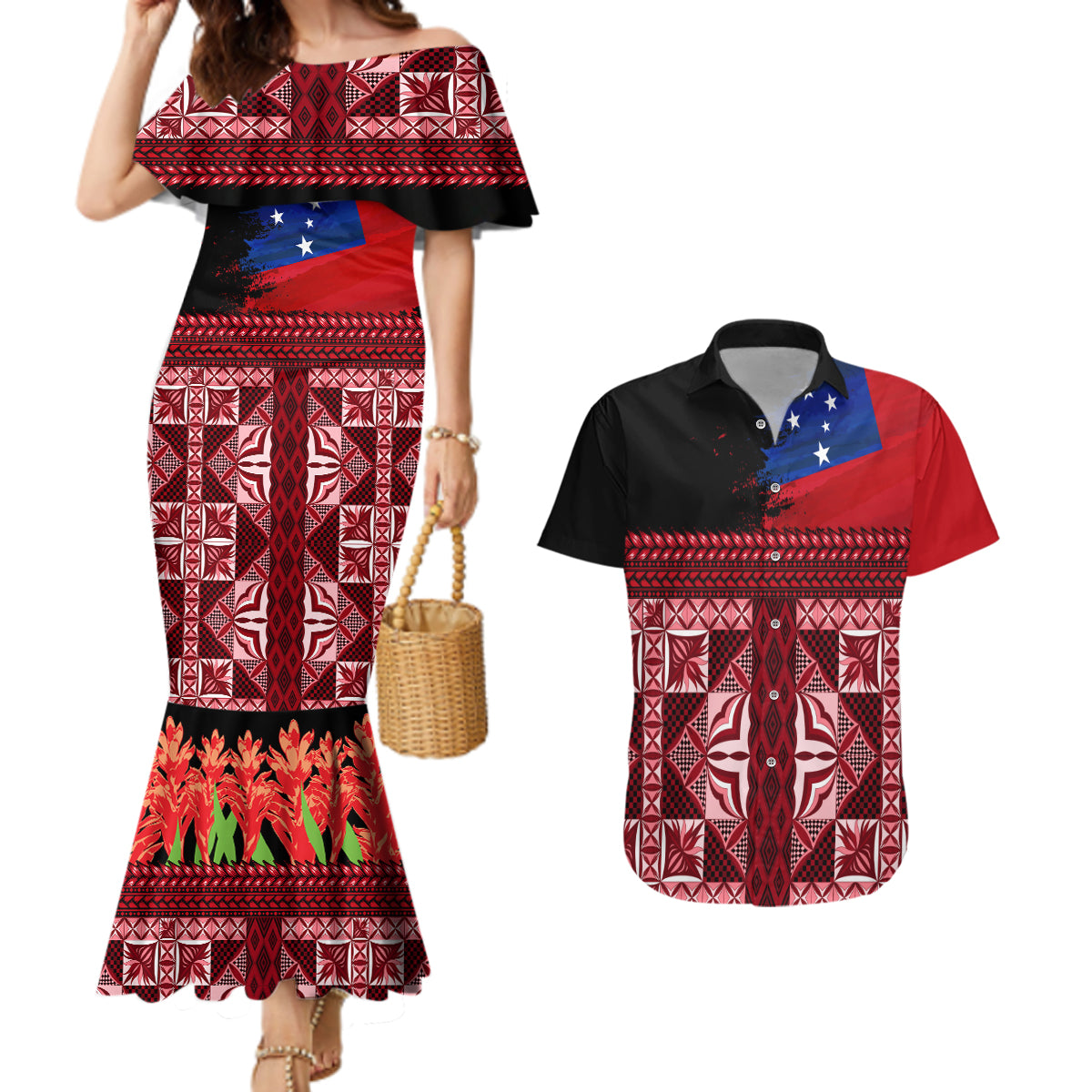 Samoa Flag Day Couples Matching Mermaid Dress and Hawaiian Shirt Siapo Pattern and Ula Fala LT03 Red - Polynesian Pride