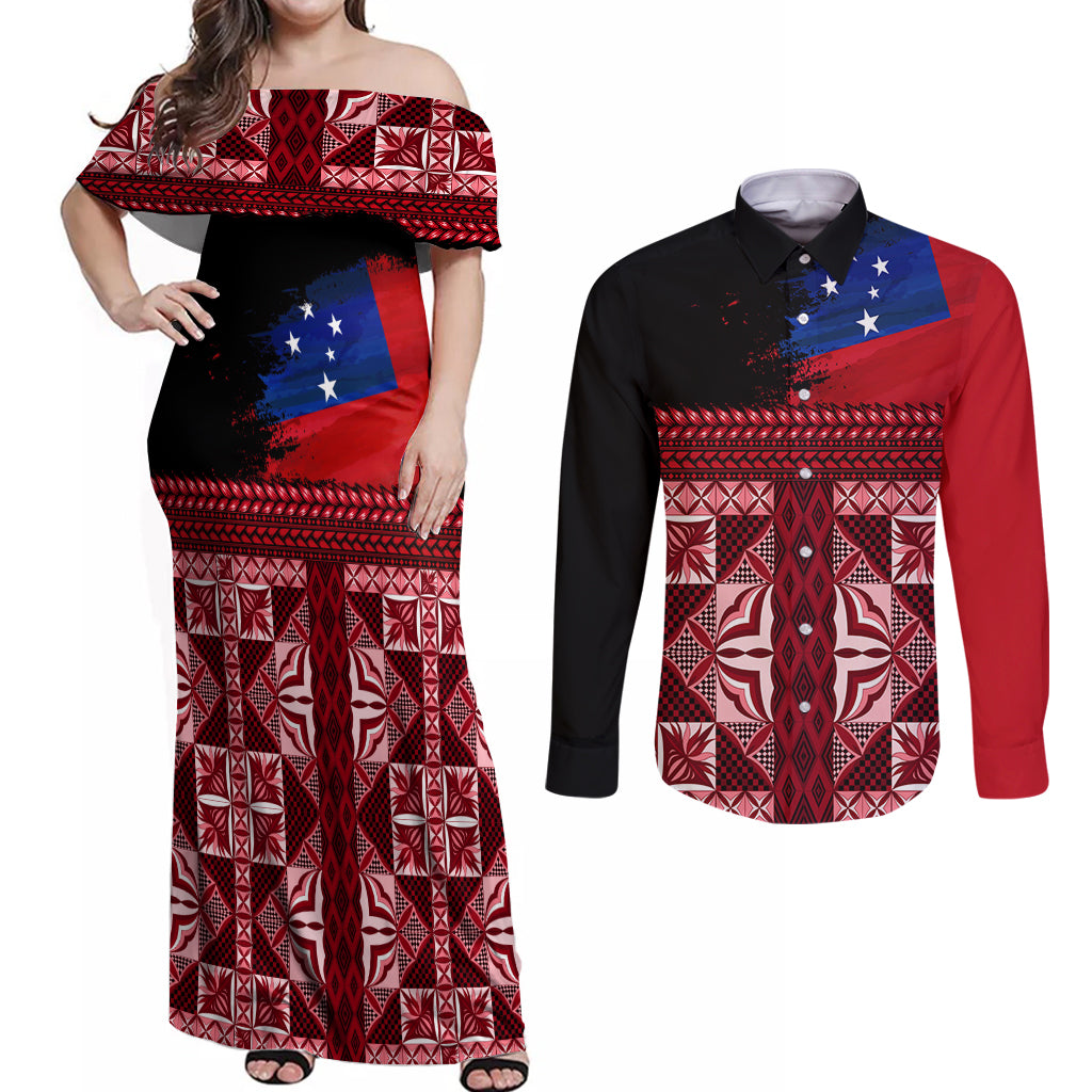 Samoa Flag Day Couples Matching Off Shoulder Maxi Dress and Long Sleeve Button Shirt Siapo Pattern and Ula Fala LT03 Red - Polynesian Pride