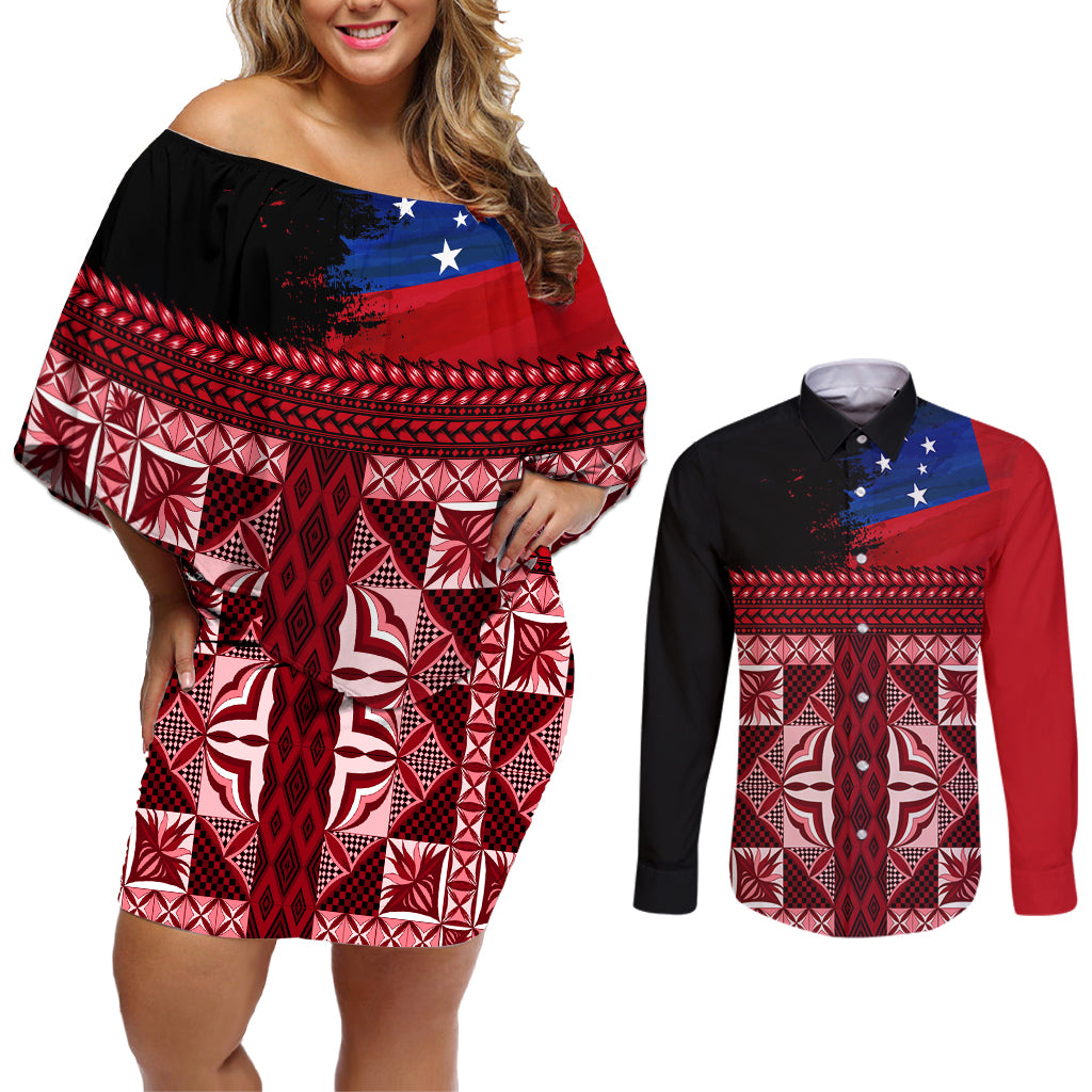 Samoa Flag Day Couples Matching Off Shoulder Short Dress and Long Sleeve Button Shirt Siapo Pattern and Ula Fala LT03 Red - Polynesian Pride