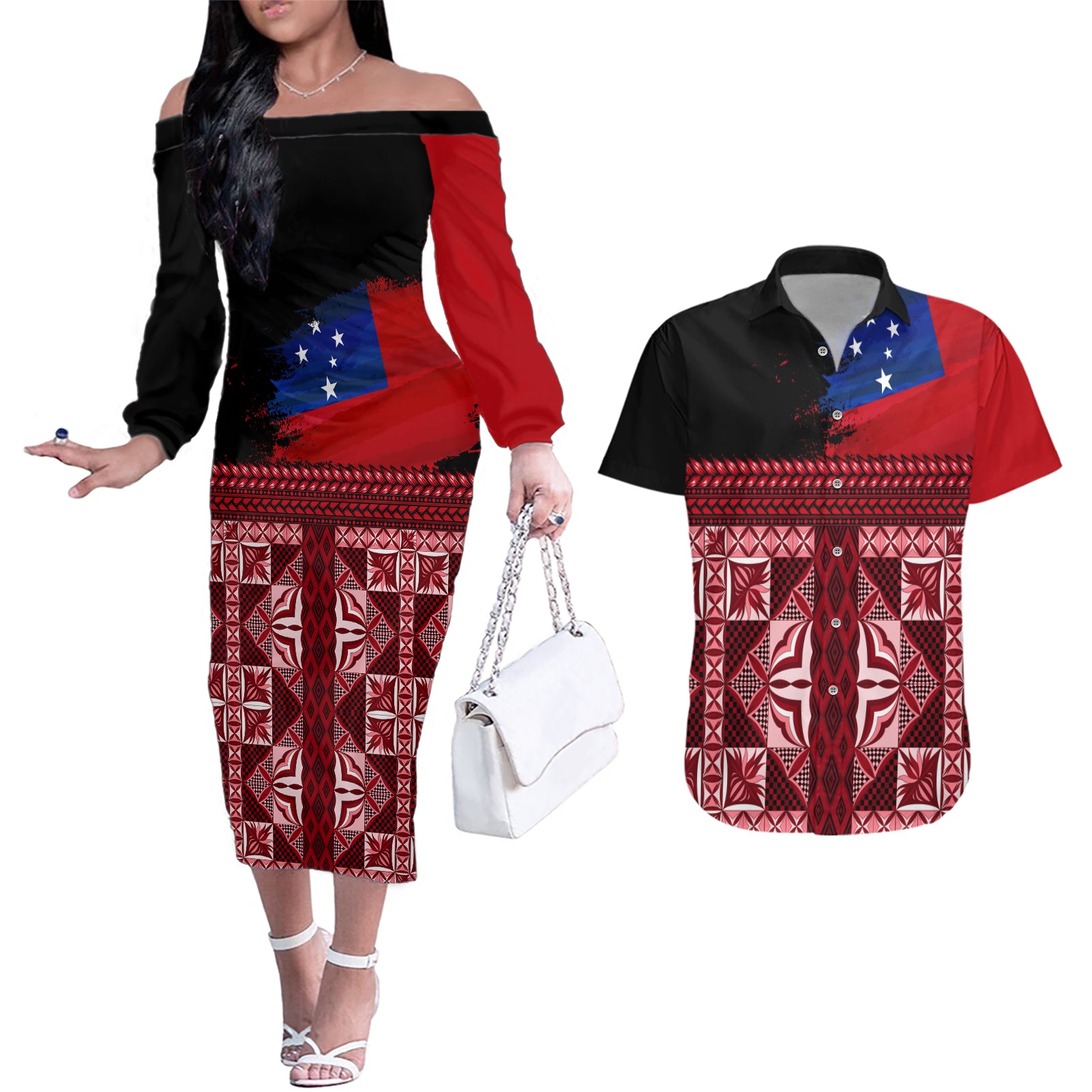 Samoa Flag Day Couples Matching Off The Shoulder Long Sleeve Dress and Hawaiian Shirt Siapo Pattern and Ula Fala LT03 Red - Polynesian Pride