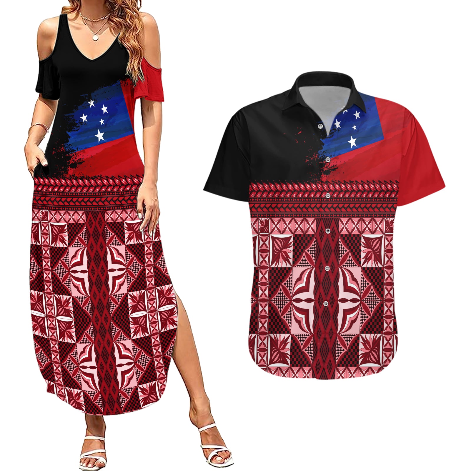 Samoa Flag Day Couples Matching Summer Maxi Dress and Hawaiian Shirt Siapo Pattern and Ula Fala LT03 Red - Polynesian Pride