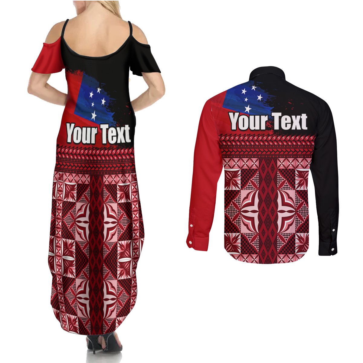 Samoa Flag Day Couples Matching Summer Maxi Dress and Long Sleeve Button Shirt Siapo Pattern and Ula Fala LT03 - Polynesian Pride