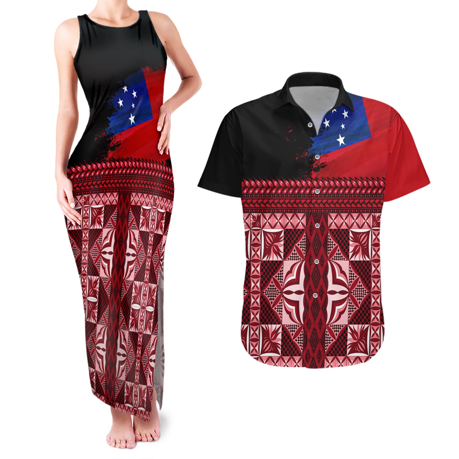 Samoa Flag Day Couples Matching Tank Maxi Dress and Hawaiian Shirt Siapo Pattern and Ula Fala LT03 Red - Polynesian Pride