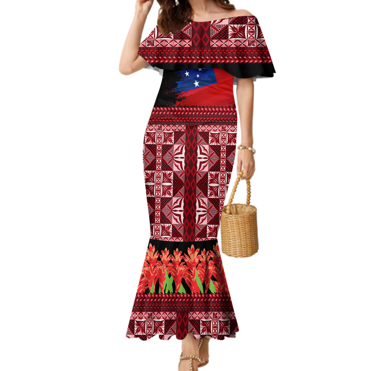 Samoa Flag Day Family Matching Mermaid Dress and Hawaiian Shirt Siapo Pattern and Ula Fala LT03 Mom's Dress Red - Polynesian Pride