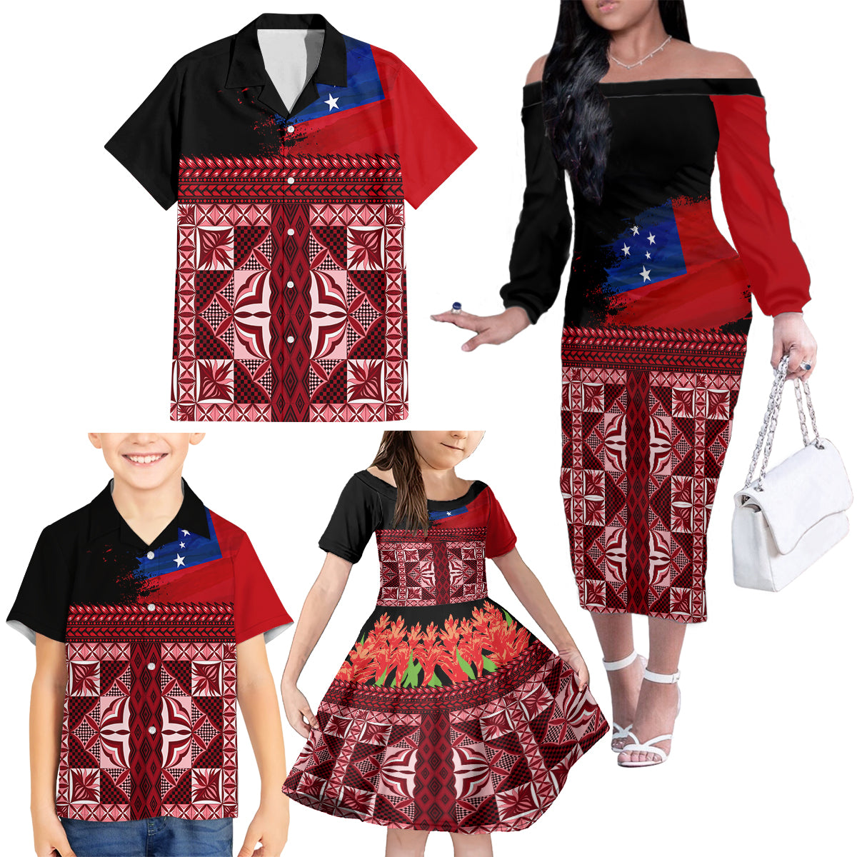 Samoa Flag Day Family Matching Off Shoulder Long Sleeve Dress and Hawaiian Shirt Siapo Pattern and Ula Fala LT03 - Polynesian Pride