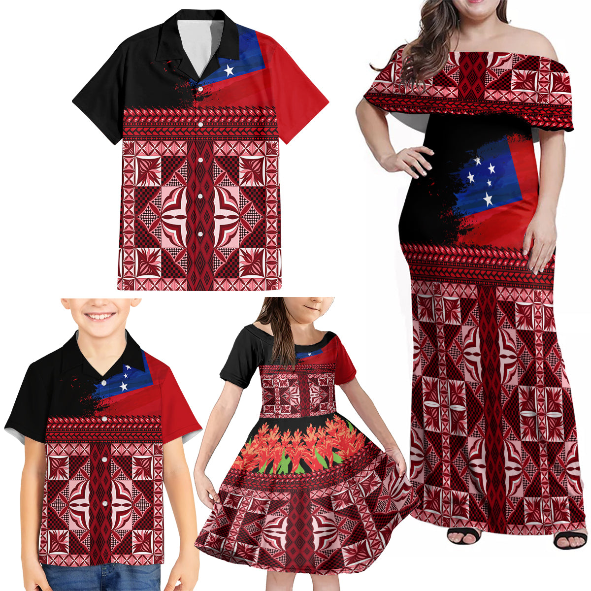 Samoa Flag Day Family Matching Off Shoulder Maxi Dress and Hawaiian Shirt Siapo Pattern and Ula Fala LT03 - Polynesian Pride