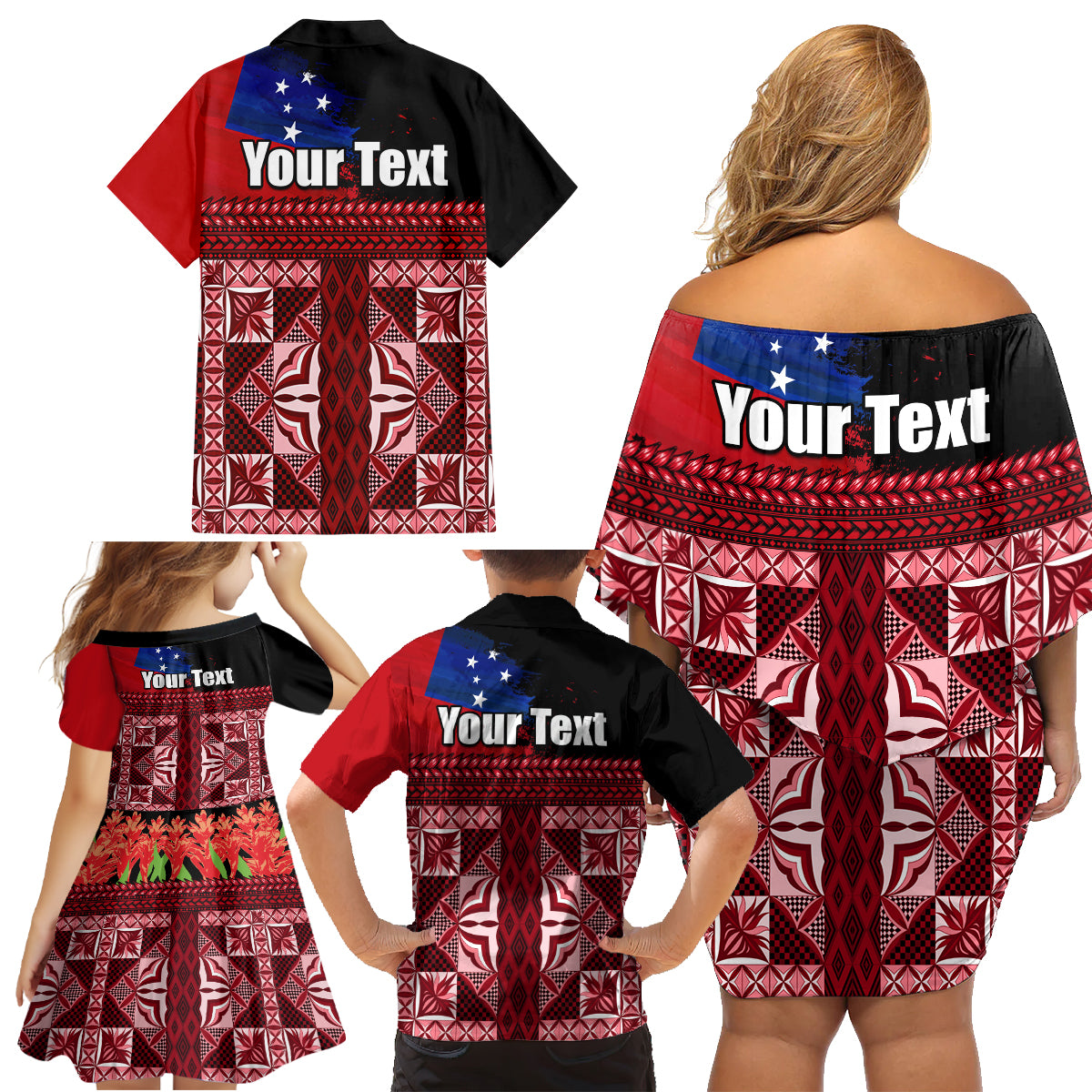 Samoa Flag Day Family Matching Off Shoulder Short Dress and Hawaiian Shirt Siapo Pattern and Ula Fala LT03 - Polynesian Pride