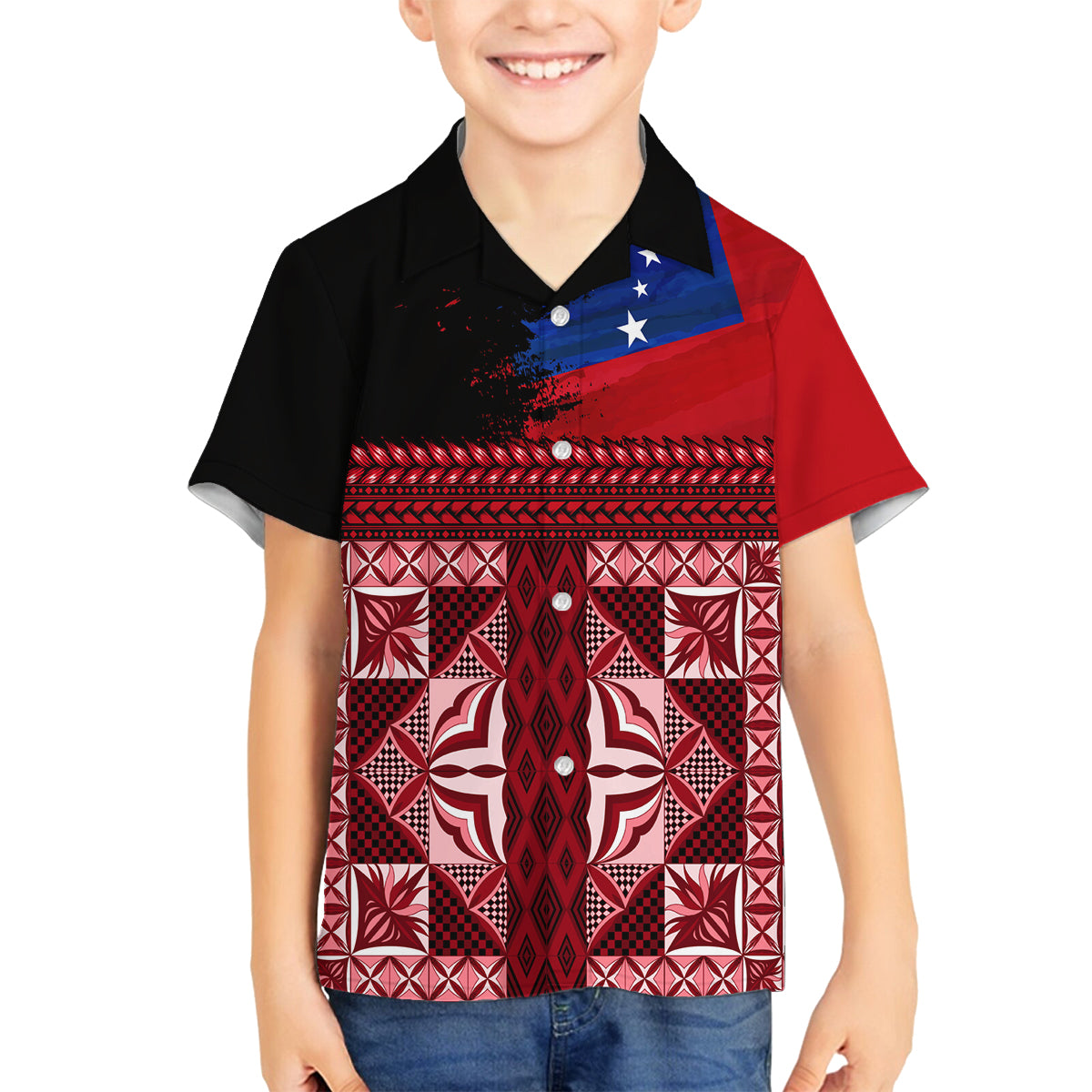 Samoa Flag Day Family Matching Off Shoulder Short Dress and Hawaiian Shirt Siapo Pattern and Ula Fala LT03 Son's Shirt Red - Polynesian Pride