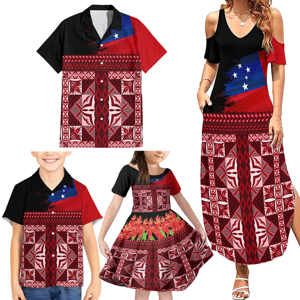 Samoa Flag Day Family Matching Summer Maxi Dress and Hawaiian Shirt Siapo Pattern and Ula Fala LT03 - Polynesian Pride