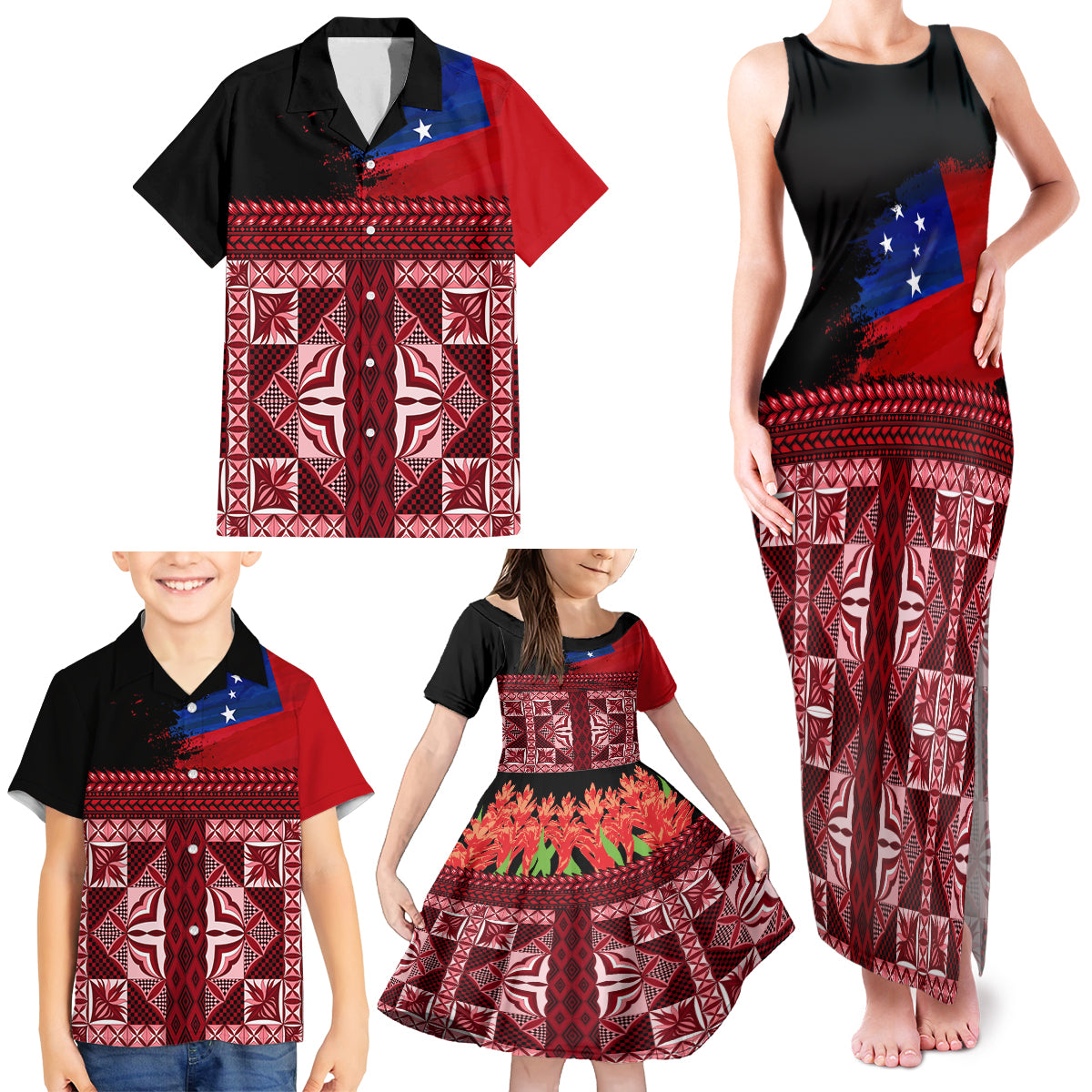 Samoa Flag Day Family Matching Tank Maxi Dress and Hawaiian Shirt Siapo Pattern and Ula Fala LT03 - Polynesian Pride