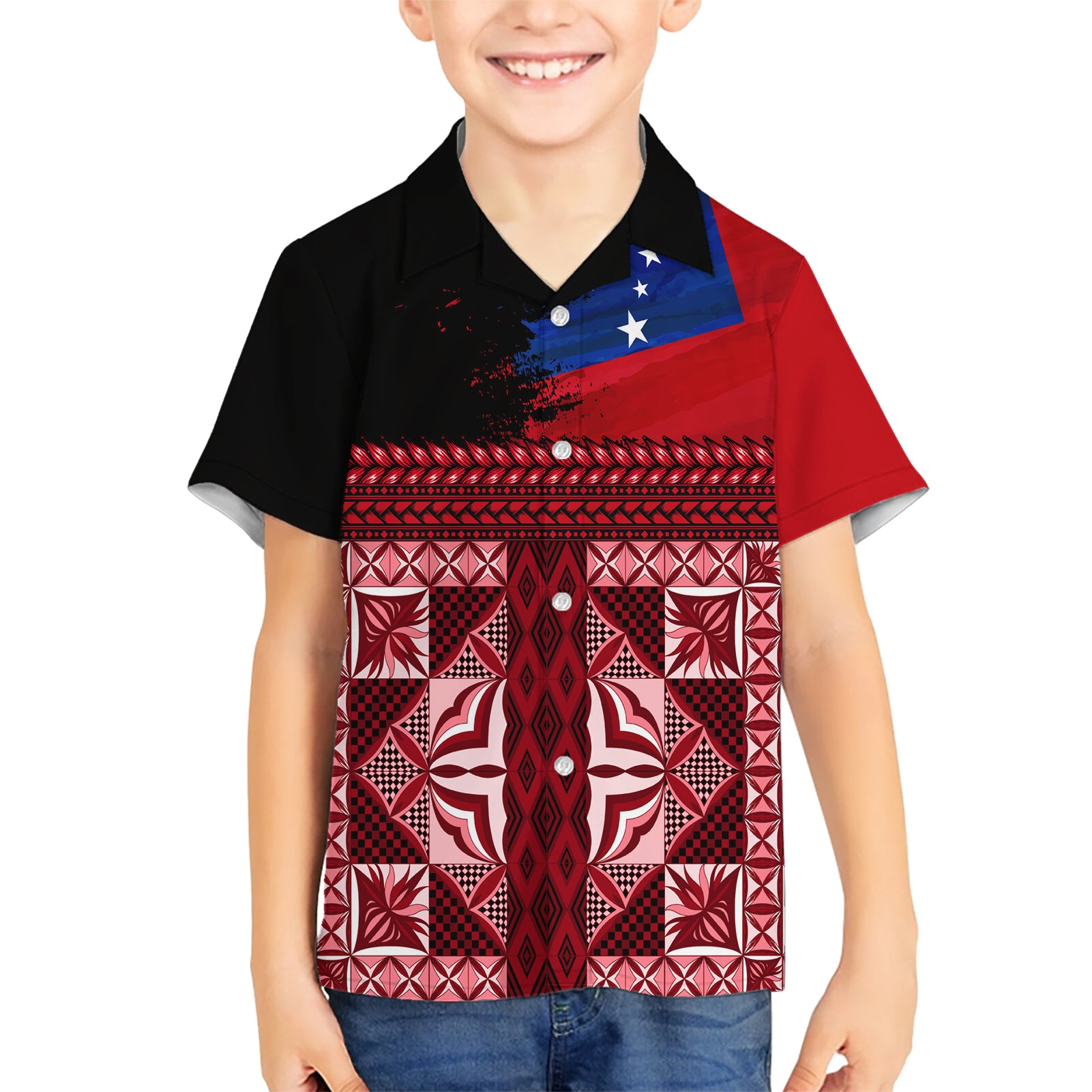 Samoa Flag Day Kid Hawaiian Shirt Siapo Pattern and Ula Fala LT03 Kid Red - Polynesian Pride