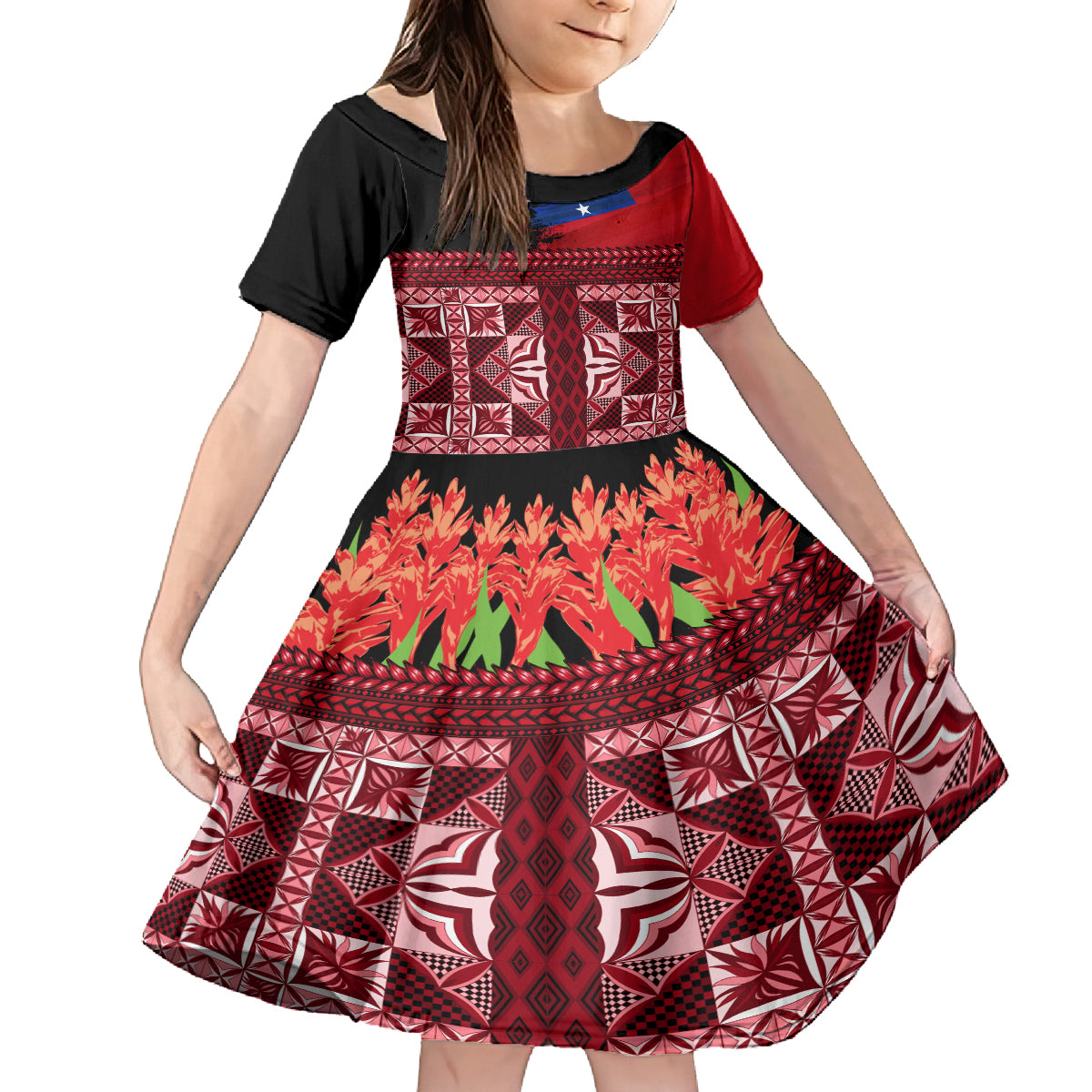 Samoa Flag Day Kid Short Sleeve Dress Siapo Pattern and Ula Fala LT03 KID Red - Polynesian Pride