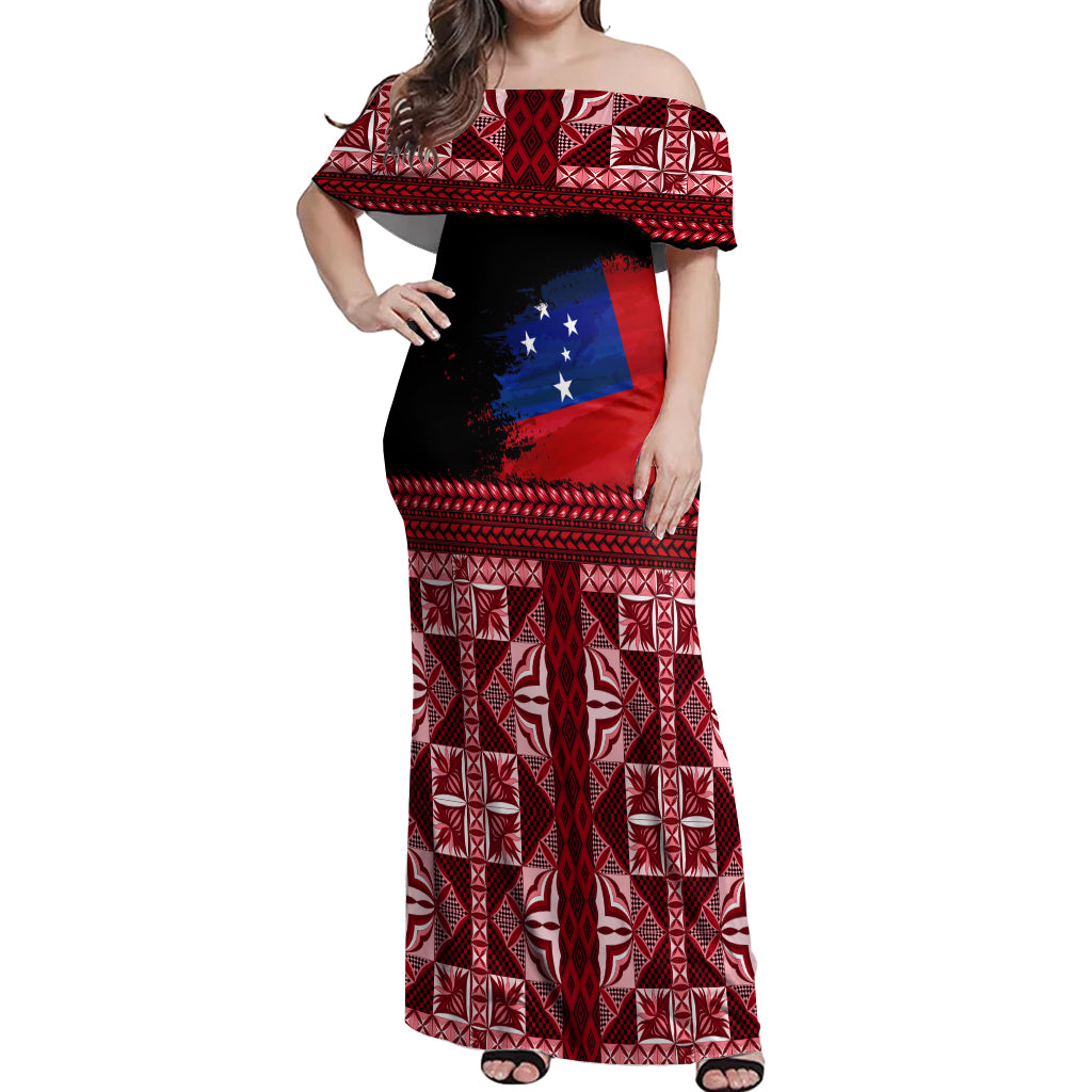 Samoa Flag Day Off Shoulder Maxi Dress Siapo Pattern and Ula Fala LT03 Women Red - Polynesian Pride