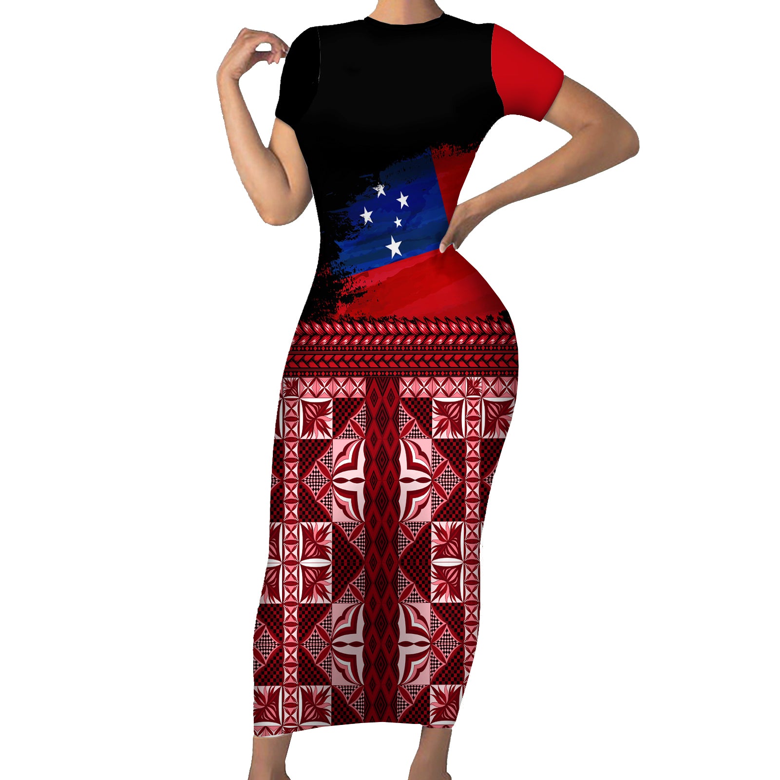 Samoa Flag Day Short Sleeve Bodycon Dress Siapo Pattern and Ula Fala LT03 Long Dress Red - Polynesian Pride