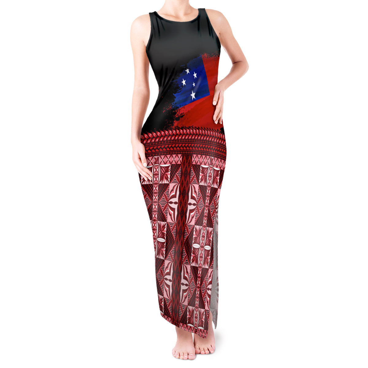 Samoa Flag Day Tank Maxi Dress Siapo Pattern and Ula Fala LT03 Women Red - Polynesian Pride