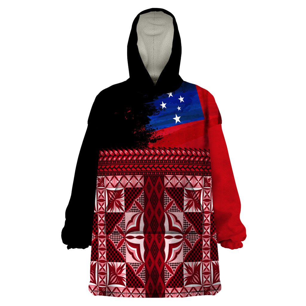 Samoa Flag Day Wearable Blanket Hoodie Siapo Pattern and Ula Fala LT03 One Size Red - Polynesian Pride