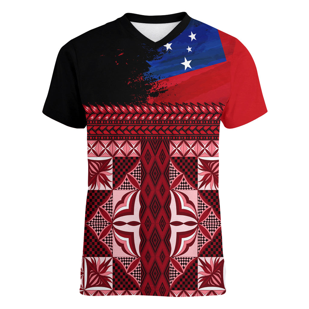 Samoa Flag Day Women V Neck T Shirt Siapo Pattern and Ula Fala LT03 Female Red - Polynesian Pride