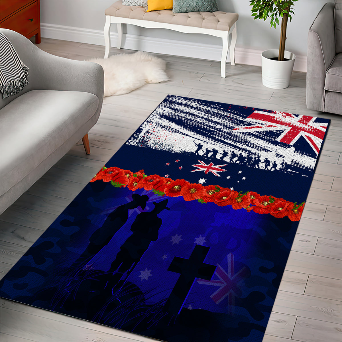 New Zealand and Australia ANZAC Day Area Rug Lest We Forget Red Poppy Flowers and Soldier LT03 - Polynesian Pride