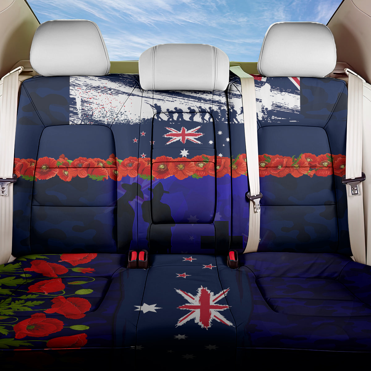 New Zealand and Australia ANZAC Day Back Car Seat Cover Lest We Forget Red Poppy Flowers and Soldier LT03