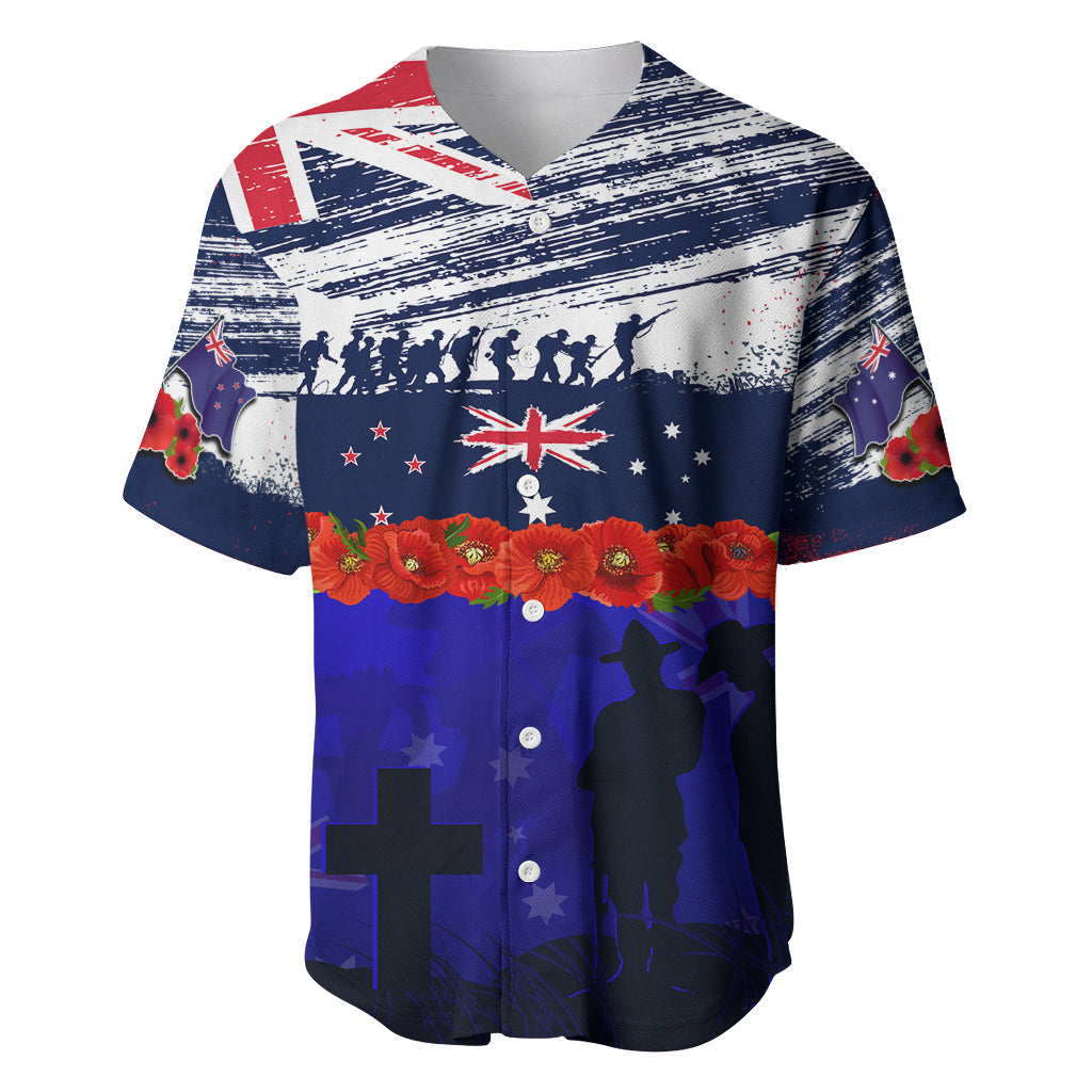 New Zealand and Australia ANZAC Day Baseball Jersey Lest We Forget Red Poppy Flowers and Soldier LT03 Blue - Polynesian Pride