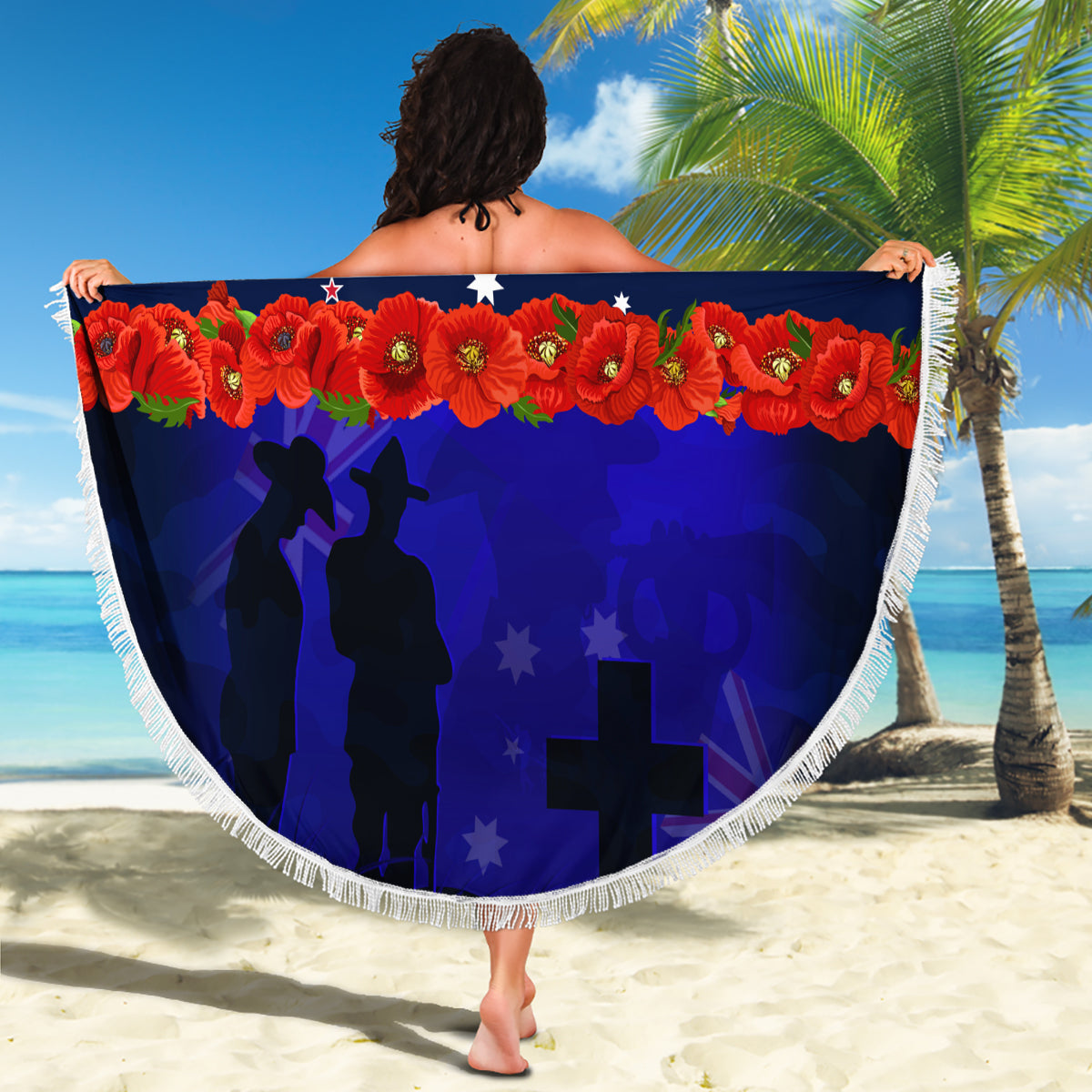 New Zealand and Australia ANZAC Day Beach Blanket Lest We Forget Red Poppy Flowers and Soldier LT03 - Polynesian Pride