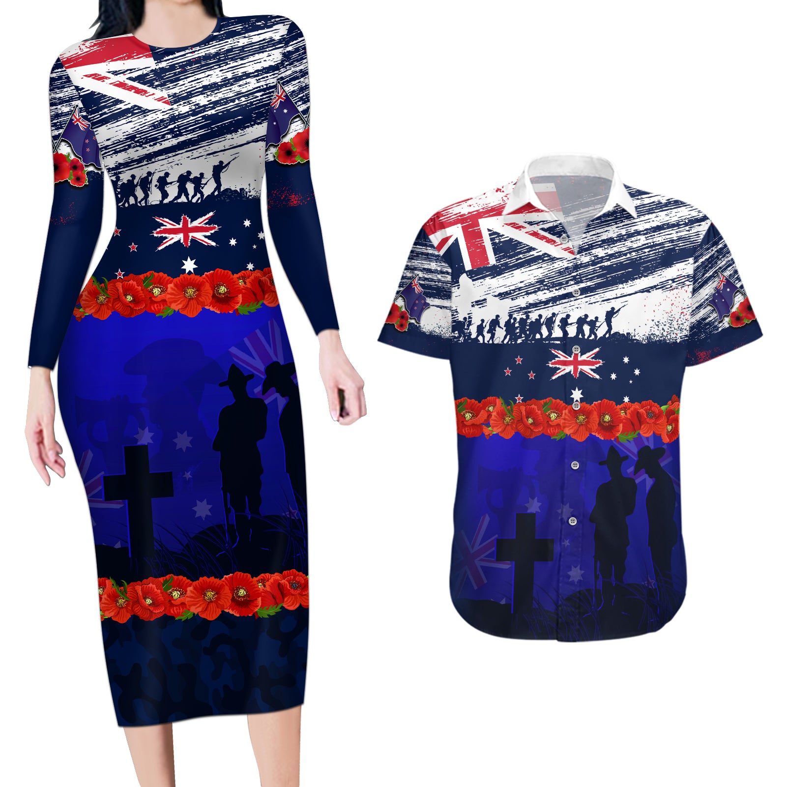 New Zealand and Australia ANZAC Day Couples Matching Long Sleeve Bodycon Dress and Hawaiian Shirt Lest We Forget Red Poppy Flowers and Soldier LT03 Blue - Polynesian Pride