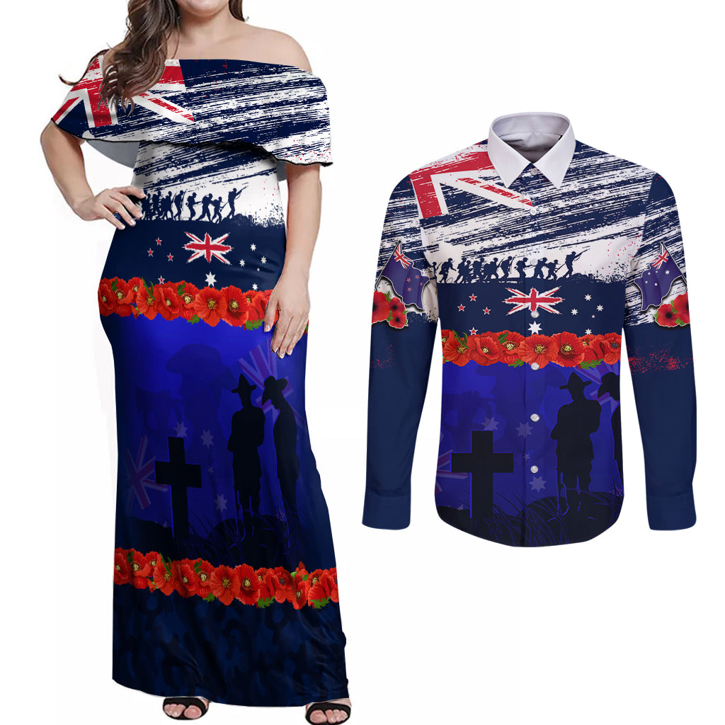 New Zealand and Australia ANZAC Day Couples Matching Off Shoulder Maxi Dress and Long Sleeve Button Shirt Lest We Forget Red Poppy Flowers and Soldier LT03 Blue - Polynesian Pride